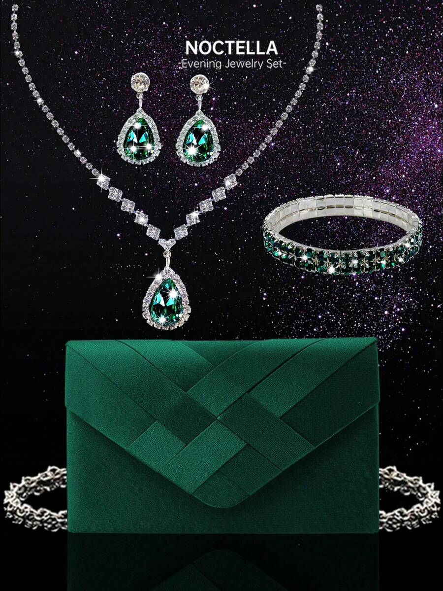 Noctella 一套优雅缎面手拿包,奢华水钻首饰套装,包括项链、手链和耳环,是婚礼、晚宴、派对、舞会礼服的完美配饰。 - 墨綠色 - 查看 1