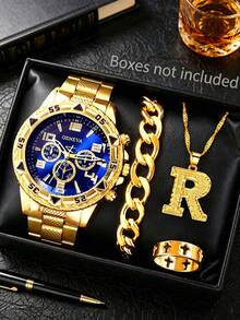 4pcs Teenager Boys' Oversized Quartz Watch With Calendar, Personalized Fashion Wristwatch, Letter R Necklace, Bracelet, Cross Ring, Suitable For Holidays, Birthday Gifts, Daily Wear - Gold - View 1