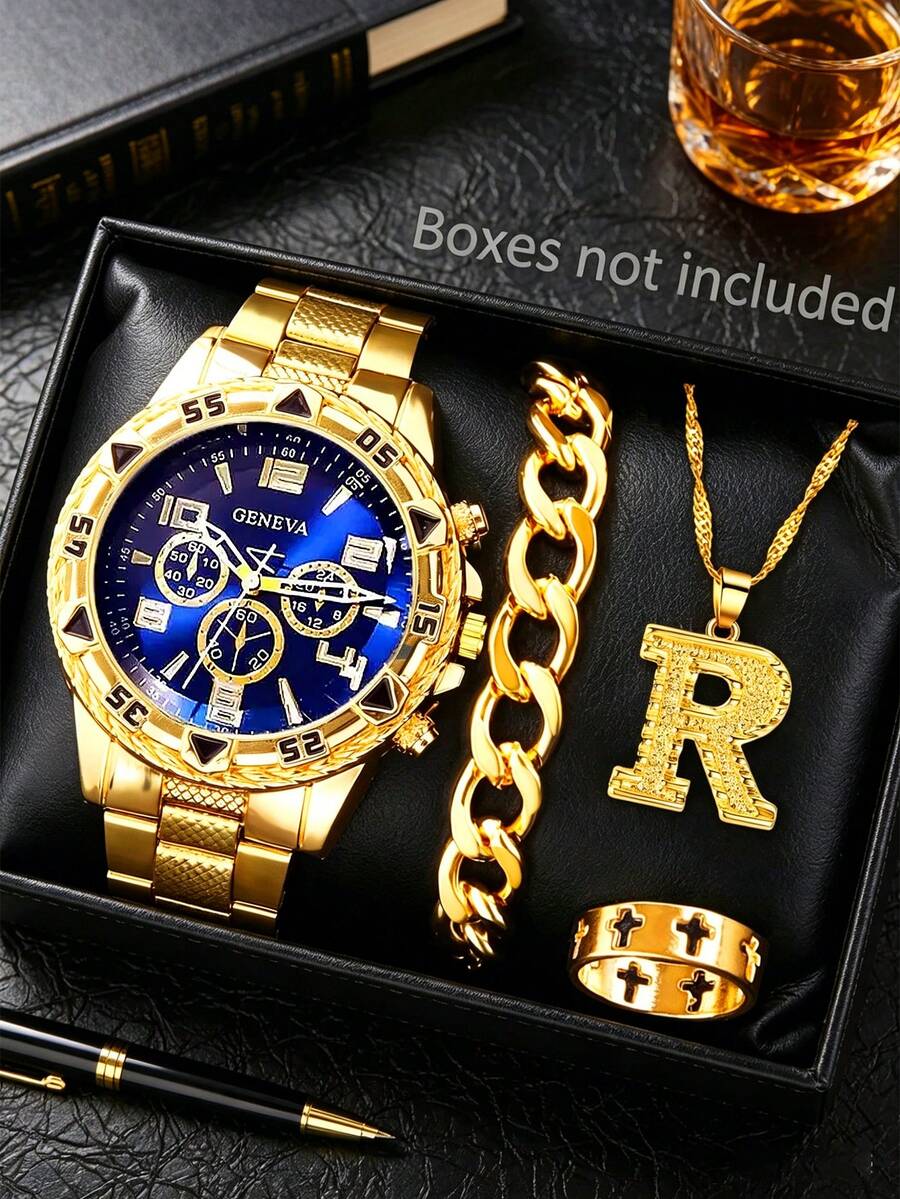 4pcs Teenager Boys' Oversized Quartz Watch With Calendar, Personalized Fashion Wristwatch, Letter R Necklace, Bracelet, Cross Ring, Suitable For Holidays, Birthday Gifts, Daily Wear - Gold - View 1
