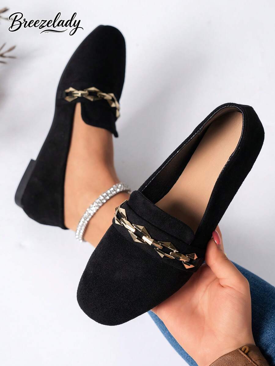 Breezelady Women's Black Faux Suede Slip-On Loafers With Chunky Gold Chain Embellishment - Soft Sole Comfort Flat Shoes For Casual Office Daily Streetwear - 黑色 - 查看 1