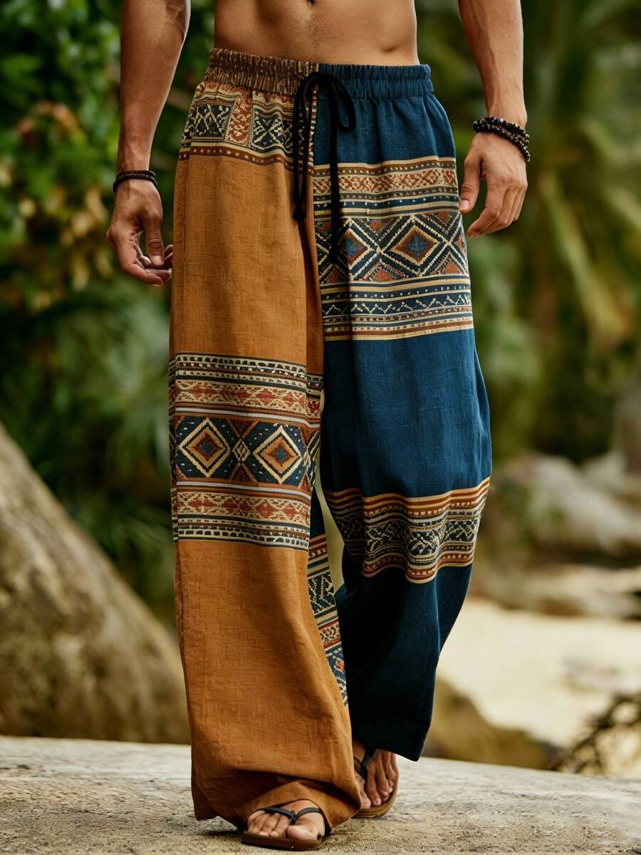 Men'S Island Village Style 3D Digital Print Wide-Leg Pants, Featuring A Brown And Blue Color Block With Geometric Patchwork, Made From Breathable Polyester For A Relaxed Fit, Perfect For Travel, Vacations, And Everyday Wear - 彩色 - 查看 1