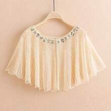 Capa/chal de alta calidad para vestido de noche de mujer, chal corto vintage con lentejuelas, bordado y diseño de malla, perfecto para fiesta, baile de graduación, prenda exterior con tirantes finos, elegante y de moda, esencial para viajes y vacaciones - Beis - Ver 6