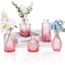 5pcs Pink Glass Bud Vase Set, Small Flower Vases Centerpieces In Bulk, Vintage Vase Home, Wedding, Table Decor - Pink + 5pcs - View 2