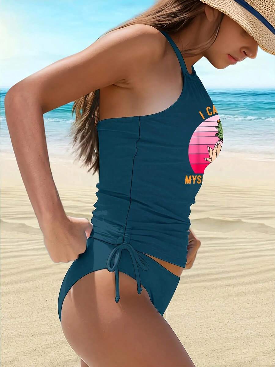 Women'S "I Can Buy Myself Flowers" Halter Neck Two-Piece Tankini Swimsuit - High-Stretch Geometric Print Beachwear With Adjustable Side Ties, Vibrant Pink & White Design For Pool, Vacation & Summer Outfits, Poolside Attire, Playful Swimwear, Comfortable Fit, Poolside Fashion,  Swimwear, Durable Swimwear, Stylish Swimwear, Fashion Lovers - Hồ Xanh - Xem 1