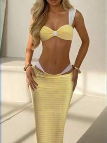 Conjunto de 3 piezas de bikini sexy para mujer, conjunto de bikini bandeau amarillo brillante con vestido de cubierta, adecuado para vacaciones, Pascua, atuendo de festival, salidas, citas, toda la ropa de mujer, vacaciones de otoño y verano - Amarillo - Ver 1