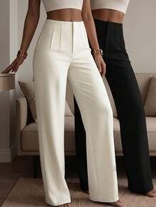 Women's 2pcs Wide Leg Pants Set, Black & White Solid Color Loose Trousers, Effortless Style - Black and White - View 5