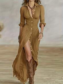 Women's New Spring-Summer Fashion Elegant Solid Color Collared Pleated Button Long-Sleeve Shirt Dress, Suitable For Suburban Travel, Dates, Parties, And Everyday Wear - Coffee - View 12