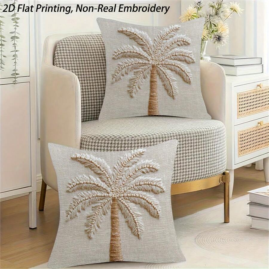 2pcs 2D Flat Coconut Tree Print Pillow Covers, Featuring Palm Tree Art Design, Fashionable Summer Beach Theme, Suitable For Living Room And Bedroom Decor (No Pillow Insert, Double-Sided Print) - Multicolor - View 1