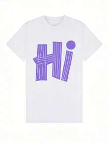 Camiseta de manga corta para mujer, de estilo casual de verano, con cuello redondo suave, que presenta un estilo minimalista americano de alta costura versátil en un color inspirado en la dopamina con la letra HI. Blanco. - Blanco - Ver 7