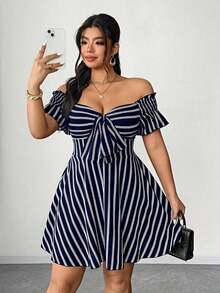 Elenzya Vestido casual de cambio de manga corta a rayas de talla grande, de moda para ir y venir - Celeste - Ver 11