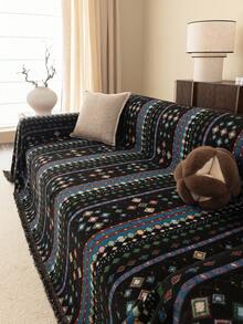 1pc Chenille Bohemian Style Tasseled Sofa Cover, All-In-One 1 Piece Design, Suitable For All Seasons, Machine Washable, Home Decor For Holidays, Multi-Purpose For Indoor/Outdoor, Office, Blanket/Throw 260cm/340cm Size Options - Black - View 6
