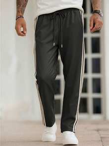 Men's Casual Commuter Pants, Breathable Striped Drawstring Slim Fit Trousers For Outdoor, Running, Sports Black - Black - View 4