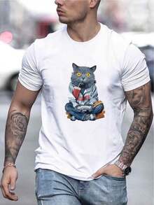 Men's T-Shirt With Cat Print - White - View 1