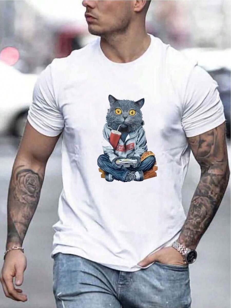 Men's T-Shirt With Cat Print - White - View 1