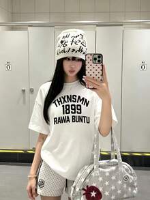 200g 100% Cotton T-Shirt, 2026 Summer Fashion Clothing, Letter Print Short-Sleeve T-Shirt, Couple Style, Innerwear, Outerwear, Office Casual Round Neck Short-Sleeve Top - White - View 2