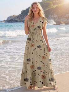 2026 New vestidos casual Vestido línea A con mangas de campana, recogido en la cintura y bajo con volantes, vestido maxi casual elegante de estampado de leopardo retro, adecuado para primave - Multicolor 7 - Ver 10