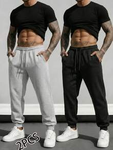 2 piezas Pantalones deportivos casuales para hombres, pantalones de chándal con cintura con cordón y puños elásticos - Multicolor - Ver 6