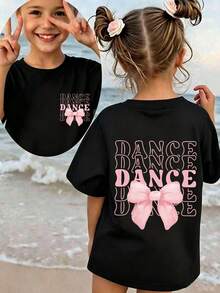 Girls' Bow & Slogan Print Round Neck T-Shirt, Casual Soft Top For Spring/Summer - Black - View 6