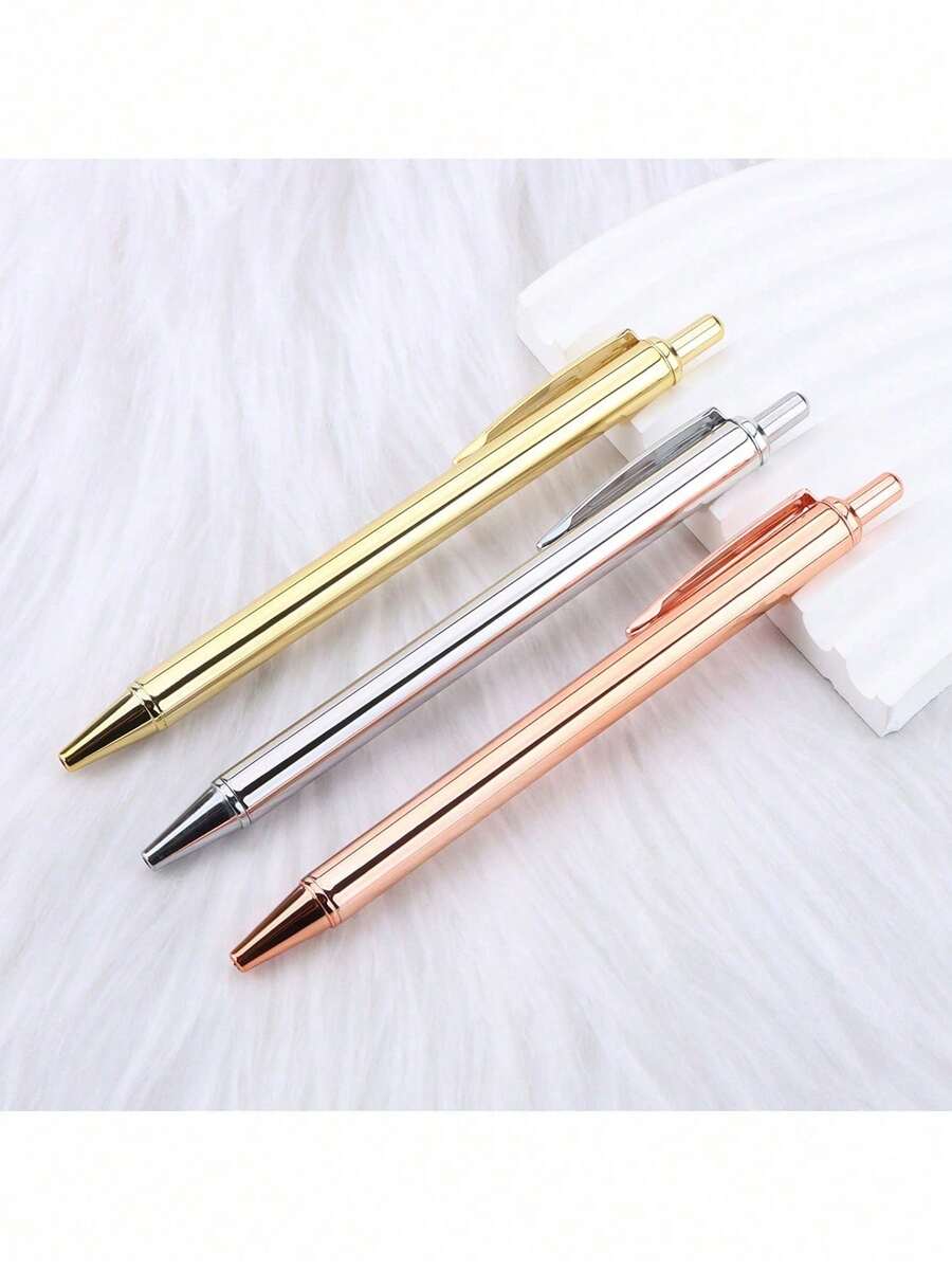 2pcs, Press Ballpoint Pen Electroplated Rose Gold Press Ballpoint Pen, Gold/Silver/Rose Gold Color Metal Press Ballpoint Pen, Smooth Writing, 1mm Medium Nib, Suitable For Wedding, Business, Office Supplies, Students, Teachers, Men, Women, As A Back-To-School Gift - Metal Pen Barrel - View 1