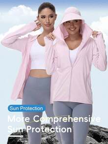 Chamarra de sol funcional premium para mujer  verano 2026 con protección UPF 50+ completa capucha integrada manga larga con puños con orificio para pulgar cierre de cremallera frontal tela de seda de hielo ligera transpirable color rosa claro look versátil para actividades al aire libre pesca playa camping y uso diario en días soleados de temporada cálida - Rosa Pálido - Ver 2