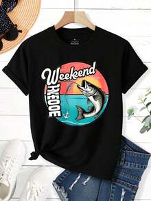 Camiseta feminina casual de gola redonda e mangas curtas, estampada, estilo verão, com design moderno para pesca, ideal para férias na praia e como presente para pescadores e entusiastas de atividades ao ar livre. Perfeita para festas de Natal, atividades esportivas, passeios, eventos esportivos e outras ocasiões especiais (220g). - Preto - Ver 2