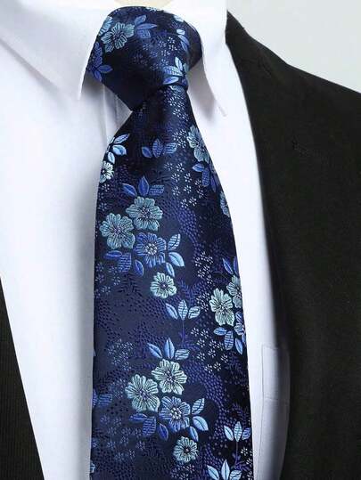 1pc Men 3.15inch Navy Blue Floral Necktie, Fashionable Weddings, Celebrations & Parties, High Quality High Density Tie Valentine Day ValentinesMen Necktie