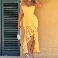 Women's Strapless Ruched Mesh Ruffle Tiered Slit Maxi Dress Elegant Formal Party Evening Gown Slim Fit Sweetheart Neck Prom Dresses For Women - 黃色 - 查看 3