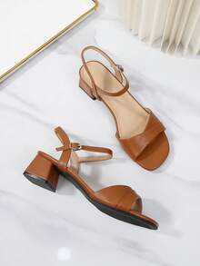 Wide Width Open Toe Ankle Strap Chunky Heel Sandals, Mid Heel French Style Sandals For Plus Size Women, Classic High Heel Versatile Sandals - Orange - View 13