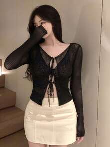 Áo khoác cardigan dệt kim dài tay khoét lỗ, buộc dây gợi cảm, chất liệu xuyên thấu, thích hợp cho đi chơi, hẹn hò, du lịch, dạo phố, mùa xuân/hè & thu/đông. - màu đen - Xem 3
