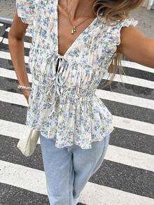 Blusa de verano casual de mujer con estampado floral retro, lazo delantero y volante en el bajo - Multicolor - Ver 1