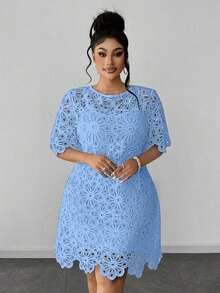 Maweii Vestido de encaje soluble en agua de unicolor elegante talla grande, para verano - Celeste - Ver 8