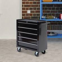 HOMCOM 5-Drawer Black Metal Tool Storage Cabinet With Wheels, Lockable Handle & 2 Keys – Mobile Workshop Organizer For Home And Garage DIY Projects, Tool Organizer Storage - Black - View 1