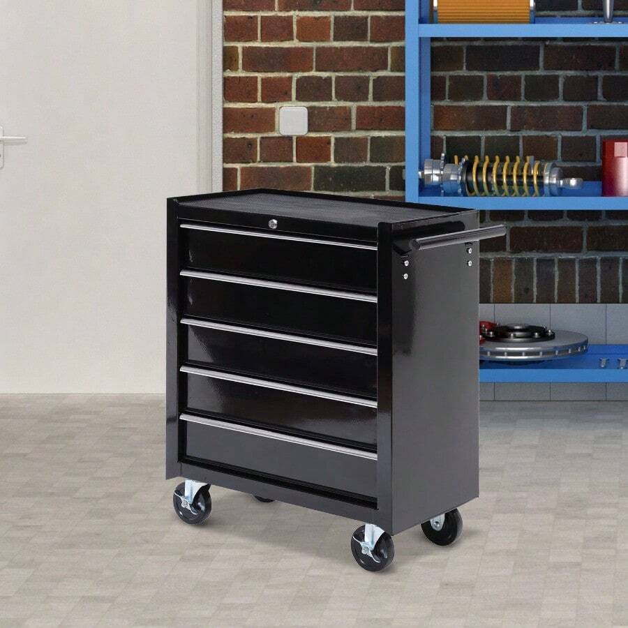 HOMCOM 5-Drawer Black Metal Tool Storage Cabinet With Wheels, Lockable Handle & 2 Keys – Mobile Workshop Organizer For Home And Garage DIY Projects, Tool Organizer Storage - Black - View 1