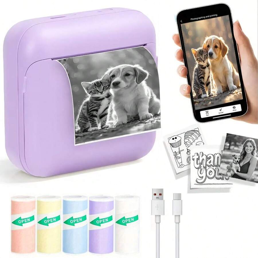 PRINHSJI Mini impresora, impresora térmica portátil sin tinta, adecuada para imágenes, fotos, diarios, manualidades, compatible con sistemas iOS y Android - Multicolor - Ver 1