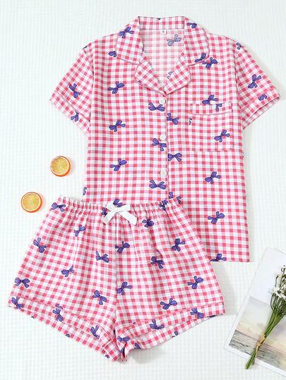 2pcs Women's Plaid Bow Print V-Neck Button Down Short Sleeve Top And Pants Pajama Set, Comfortable Home Wear For Summer