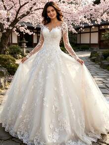 New European And American Cross-Border Women's Clothing For Independent Sites And : Sexy, Elaborate Lace Wedding Dress With Floral Train And Full Skirt Evening Gown - 白色 - 查看 5