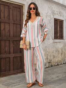 Conjunto de dos piezas para mujer color blanco sólido, blusa de manga corta con cuello en V y detalles de encaje + pantalones anchos, estilo elegante y fresco, ideal para verano, vacaciones, paseos costeros, uso diario y salidas relajadas - Multicolor - Ver 7