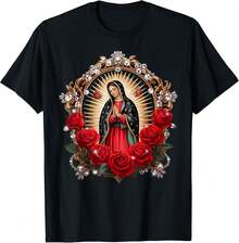 Playera Virgen de Guadalupe con Rosas en Marco Dorado Cuello Redondo Manga Corta - Negro - Ver 6