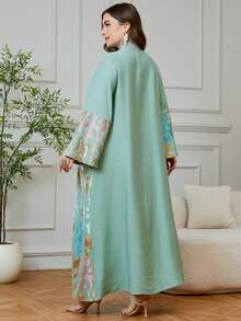 Áo choàng dài tay cổ chữ V thêu họa tiết mới dành cho nữ, phối vàng, có dây thắt lưng và mặt dây chuyền, thích hợp cho lễ Eid Al-Fitr, tiệc cưới, dự tiệc, lễ Eid Al-Adha. - màu xanh lá - Xem 2