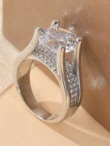 Anillo de mujer elegante y lujoso con circonita cúbica brillante, joyería de boda y compromiso, accesorio perfecto para uso diario y festivo, regalo exquisito para ella - Plateado - Ver 2