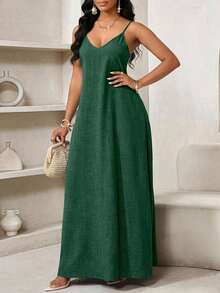 Lady Vestido de verano casual de tirantes finos con estampado de cuadros, vestido de playa, vestido de fiesta, vestido de invitada de boda para mujer, vestido de festival de verano - Verde Oscuro - Ver 4