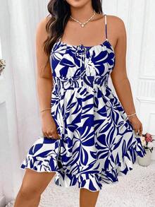 Vestido con estampado floral, cinturón de amarre a la cintura, para mujer talla grande, vacaciones - Azul marino - Ver 3