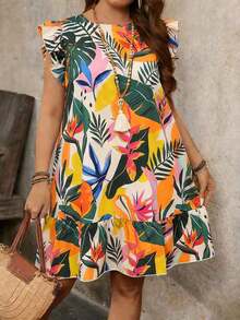 Vestido smock con cuello redondo, mangas cortas, volantes y estampado tropical de plantas para mujer talla grande, vestido casual de vacaciones, vestido bohemio, vestido de Pascua, conjunto de verano para mujer - Verde militar - Ver 6