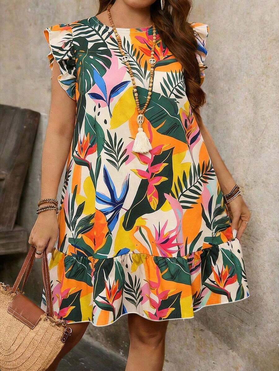 Vestido smock con cuello redondo, mangas cortas, volantes y estampado tropical de plantas para mujer talla grande, vestido casual de vacaciones, vestido bohemio, vestido de Pascua, conjunto de verano para mujer - Multicolor - Ver 1