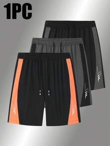 Pantalones cortos para hombres, pantalones cortos informales y transpirables con estampado de color de contraste en patchwork, pantalones cortos hasta la rodilla, pantalones deportivos de secado rápido con cordón para exteriores - Negro - Ver 1
