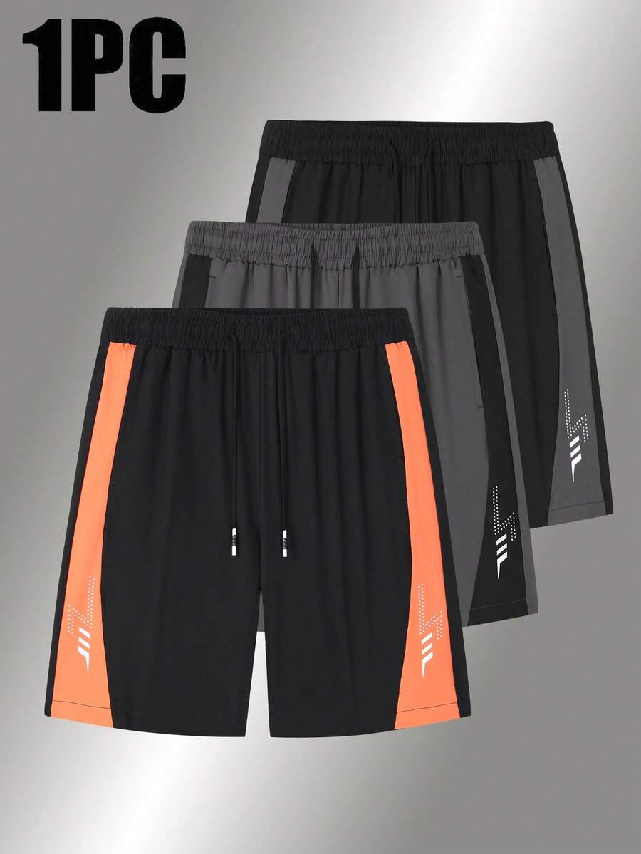 Pantalones cortos para hombres, pantalones cortos informales y transpirables con estampado de color de contraste en patchwork, pantalones cortos hasta la rodilla, pantalones deportivos de secado rápido con cordón para exteriores - Negro - Ver 1