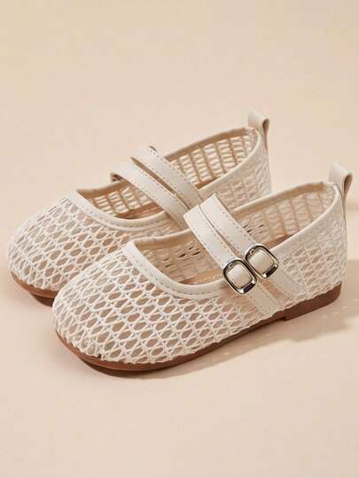 3-12 Years Old Girls Adjustable Strap Beige Mary Jane Sandals, Silver Buckle Mesh Double Strap, Minimalist Fashion For School And Party Wear