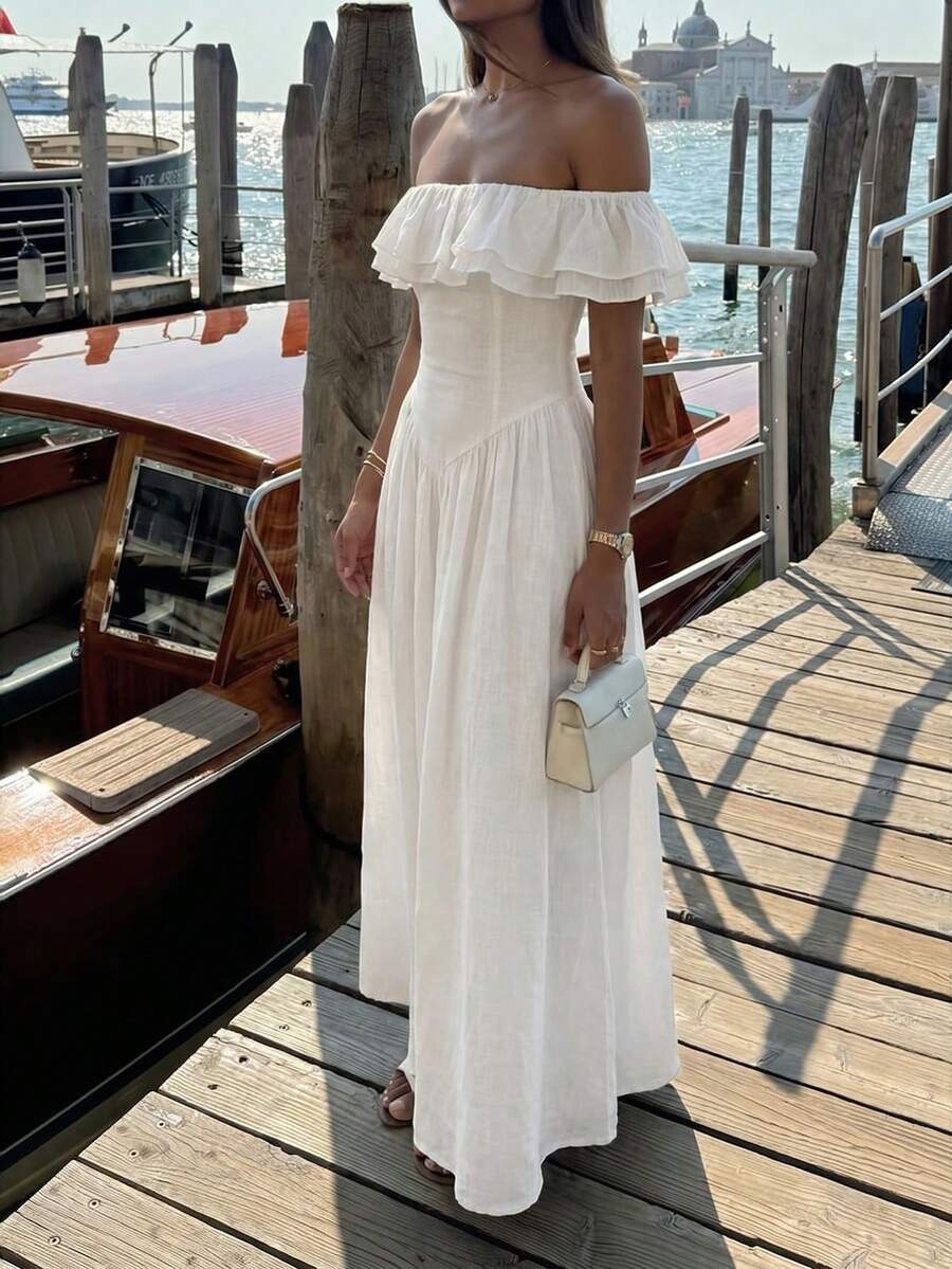 Unadoll Women's Summer Casual Elegant White Off The Shoulder Ruffle Maxi Dress, Solid Color A-Line Vacation Dress For Beach & Daily Wear Party - White - View 1