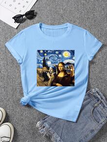 Camiseta Casual para Mujer - Camiseta con Estampado de la Mona Lisa - Arte Clásico, Cuello Redondo Casual - Transpirable, Ligera y Cómoda, Adecuada para Armarios de Primavera y Verano - Negro 2 - Ver 11