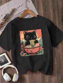 Camiseta de cuello redondo estampada para niñas - Negro 1 - Ver 12